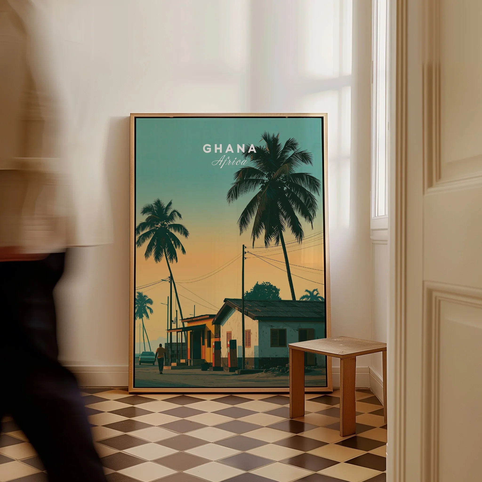 Ghana Palm Sunset Travel Poster — framed canvas on floor man walking past
