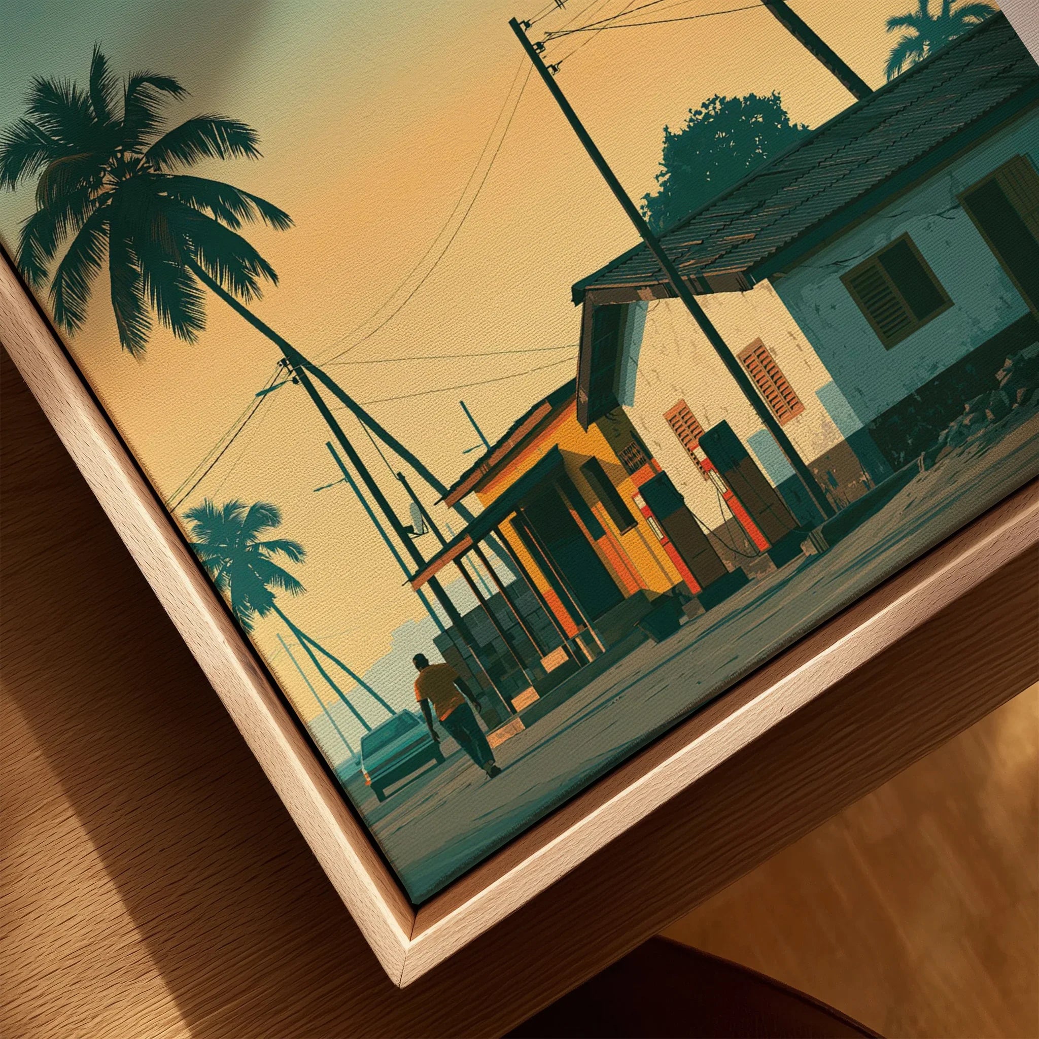 Ghana Palm Sunset Travel Poster — closeup framed canvas natural wood floating frame