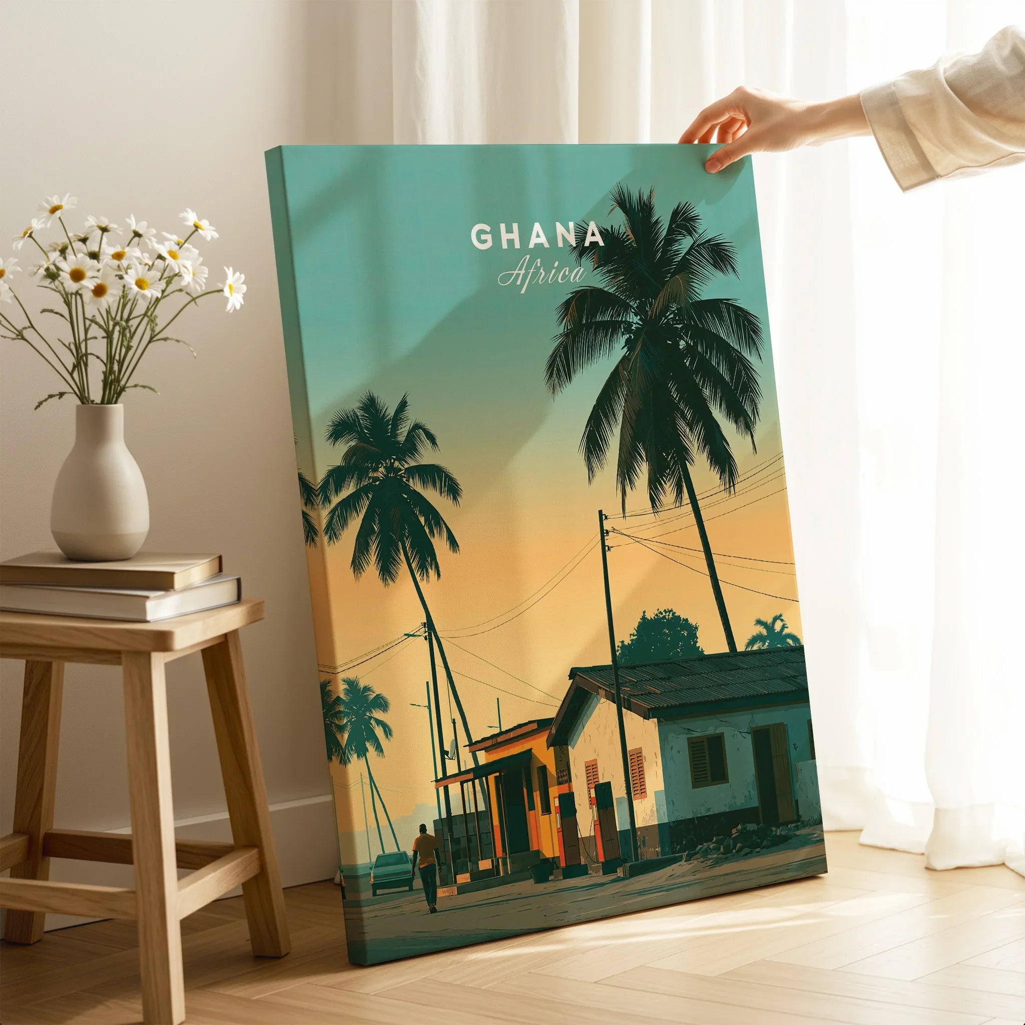 Ghana Palm Sunset Travel Poster — canvas print mirror edge hand holding room setting