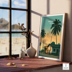 Ghana Palm Sunset Travel Poster — framed print window view natural wood frame