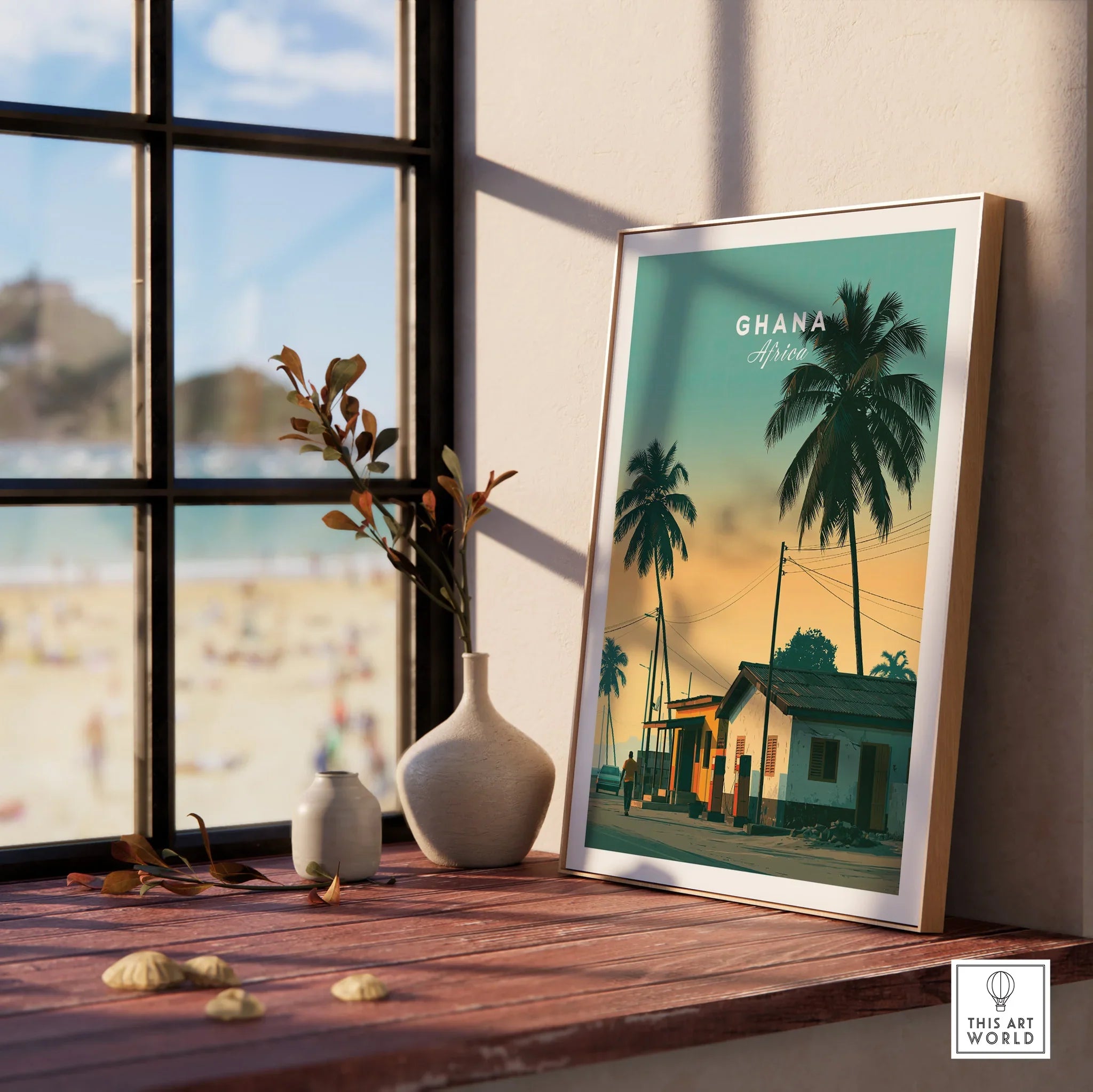 Ghana Palm Sunset Travel Poster — framed print window view natural wood frame