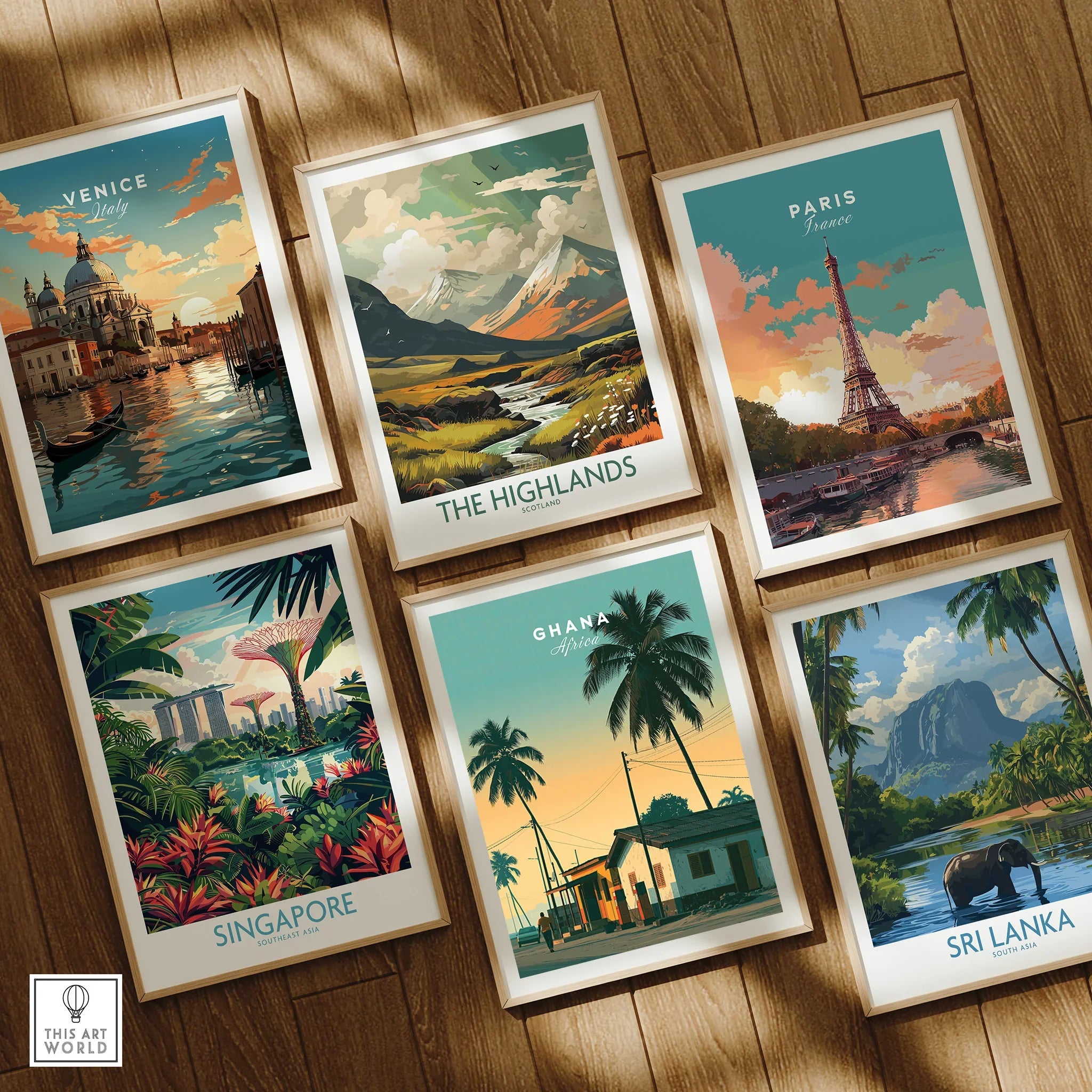 Ghana Palm Sunset Travel Poster — set six framed art prints wooden floor natural wood frames