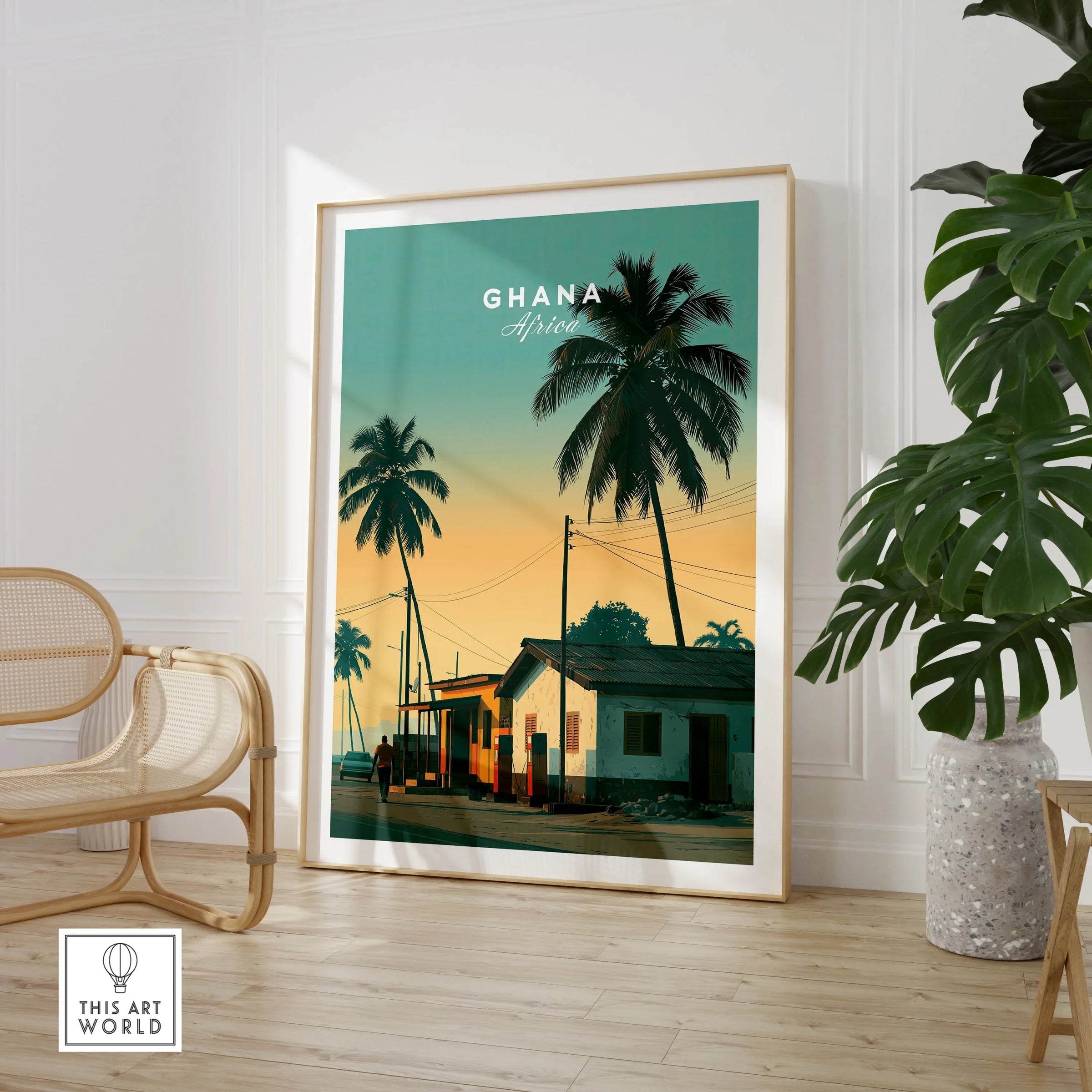 Ghana Palm Sunset Travel Poster — large framed print room setting chair plant
