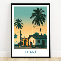 Ghana Golden Hour Wall Art — art print in black frame on wooden floor