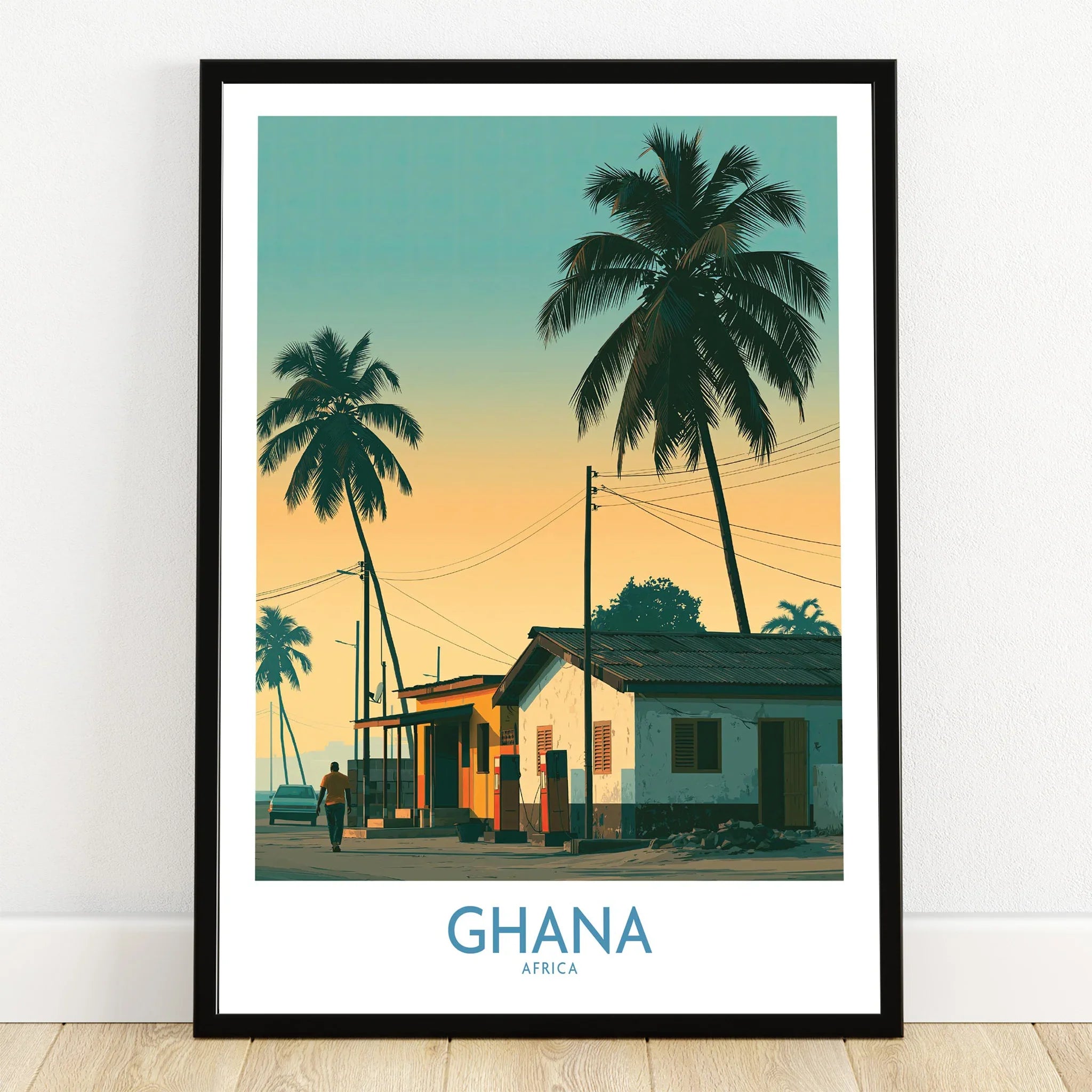 Ghana Golden Hour Wall Art — art print in black frame on wooden floor