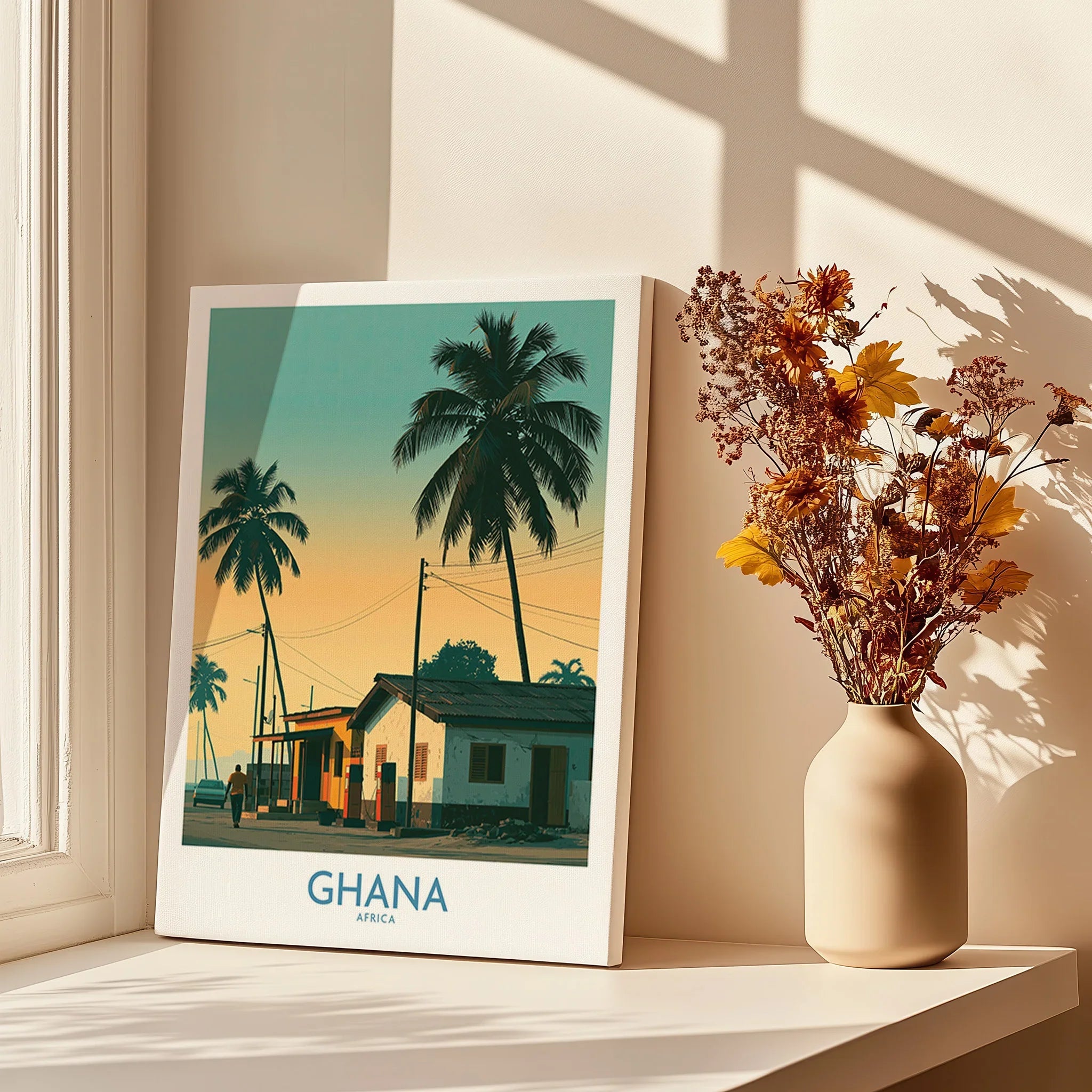 Ghana Golden Hour Wall Art — canvas print window setting with shadows flowers