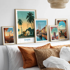Ghana Golden Hour Wall Art — set five framed artprints above bed natural wood frames