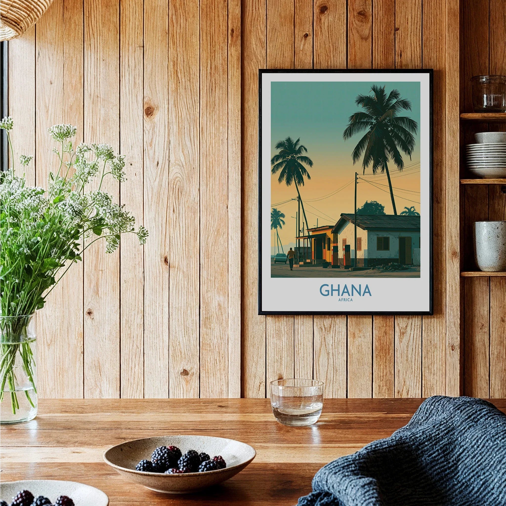 Ghana Golden Hour Wall Art — black framed art print kitchen setting
