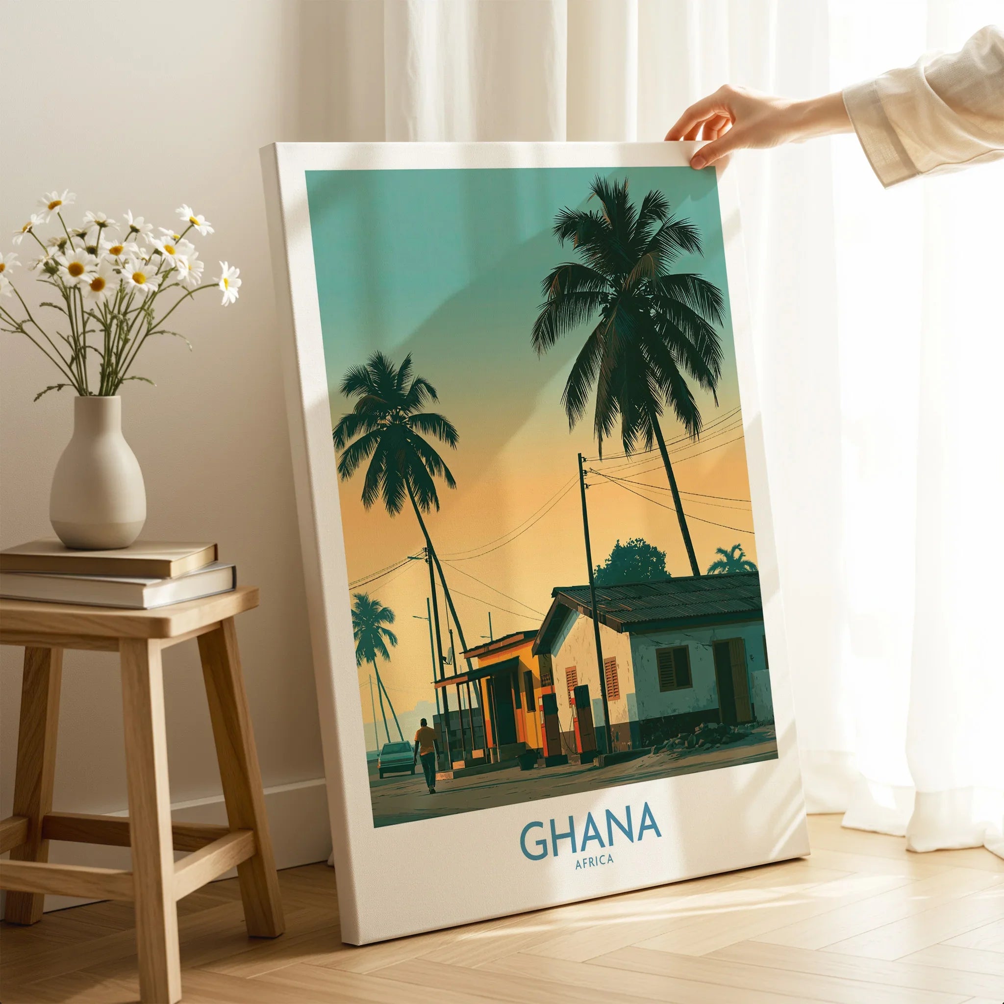 Ghana Golden Hour Wall Art — canvas print mirror edge hand holding room setting