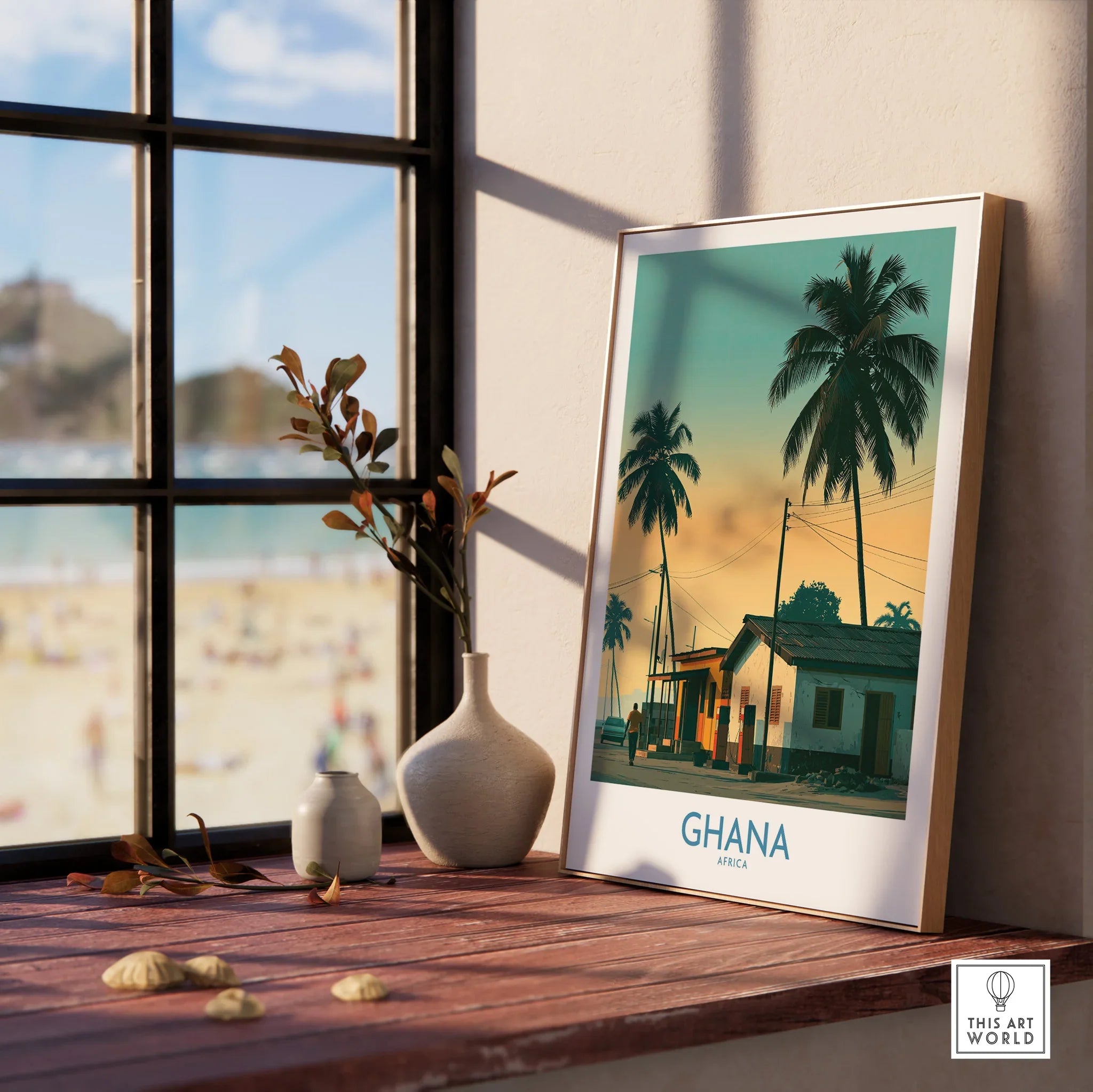 Ghana Golden Hour Wall Art — framed print window view natural wood frame