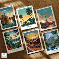 Ghana Golden Hour Wall Art — set six framed art prints wooden floor natural wood frames