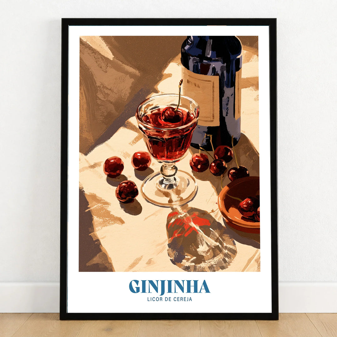 Portuguese Ginjinha Liqueur Poster - art print in black frame on wooden floor