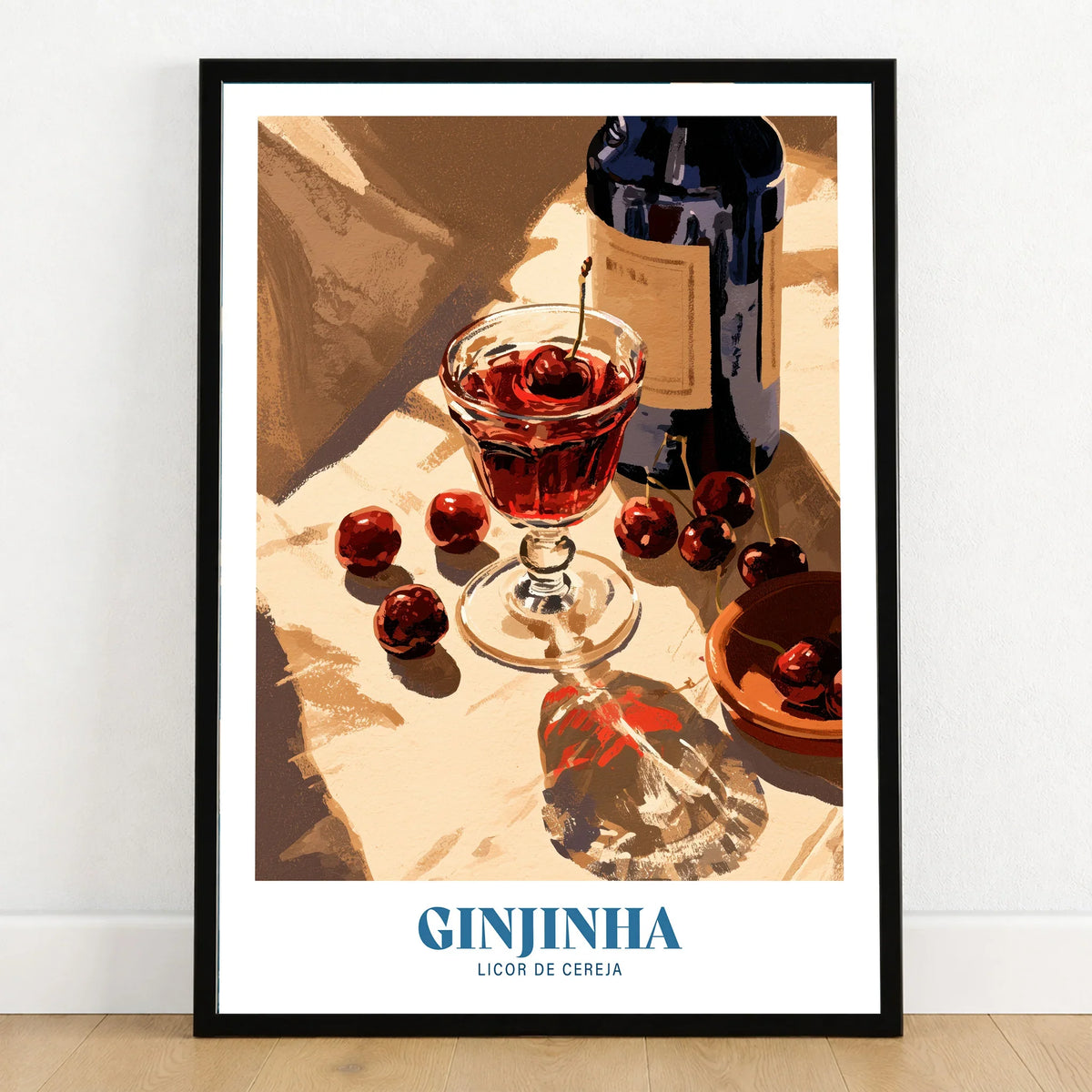 Portuguese Ginjinha Liqueur Poster - art print in black frame on wooden floor