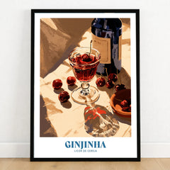 Portuguese Ginjinha Liqueur Poster - art print in black frame on wooden floor