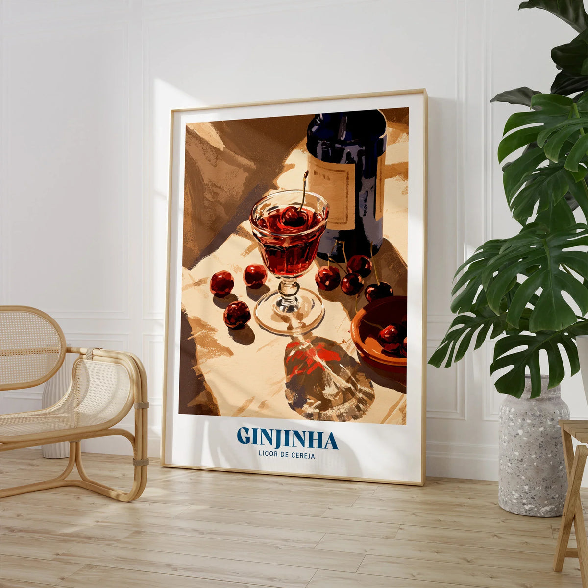 Portuguese Ginjinha Liqueur Poster - large framed print room setting chair plant