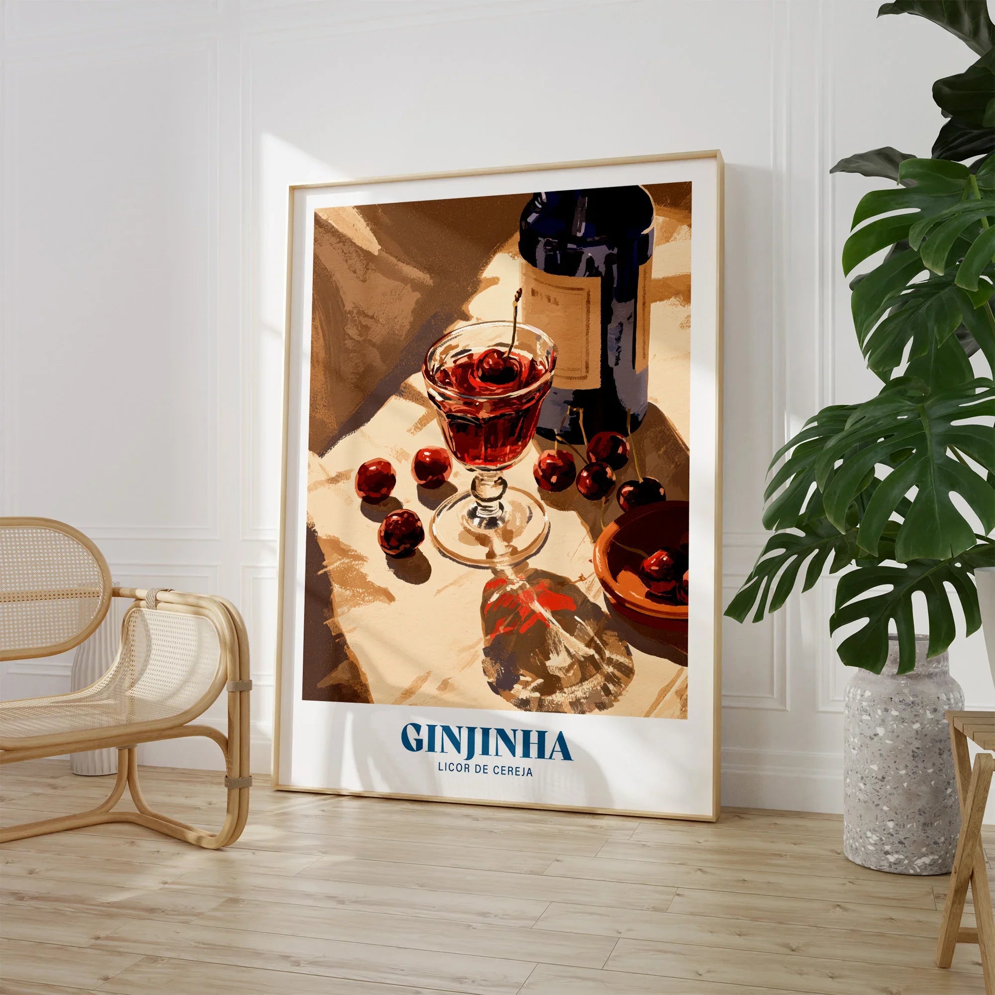 Portuguese Ginjinha Liqueur Poster - large framed print room setting chair plant