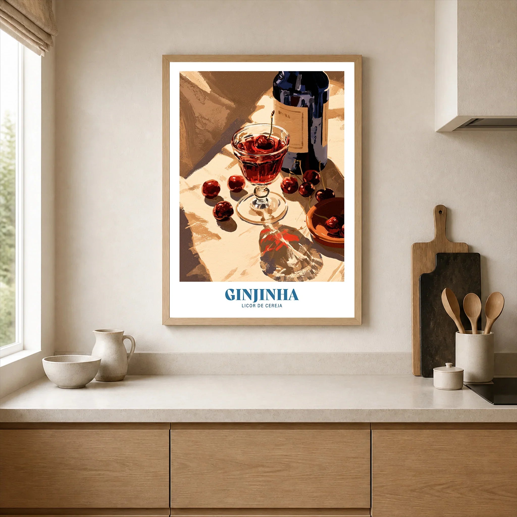 Portuguese Ginjinha Liqueur Poster - neutral kitchen single frame mockup This Art World