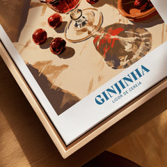 Portuguese Ginjinha Liqueur Poster - closeup framed canvas natural wood floating frame