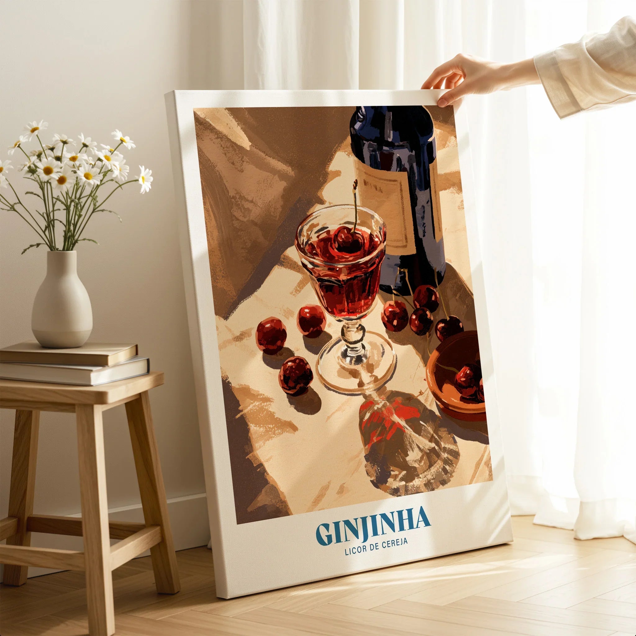 Portuguese Ginjinha Liqueur Poster - canvas print mirror edge hand holding room setting