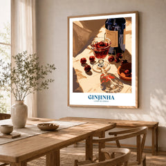 Portuguese Ginjinha Liqueur Poster - dining room framed print natural wood frame mockup ThisArtWorld