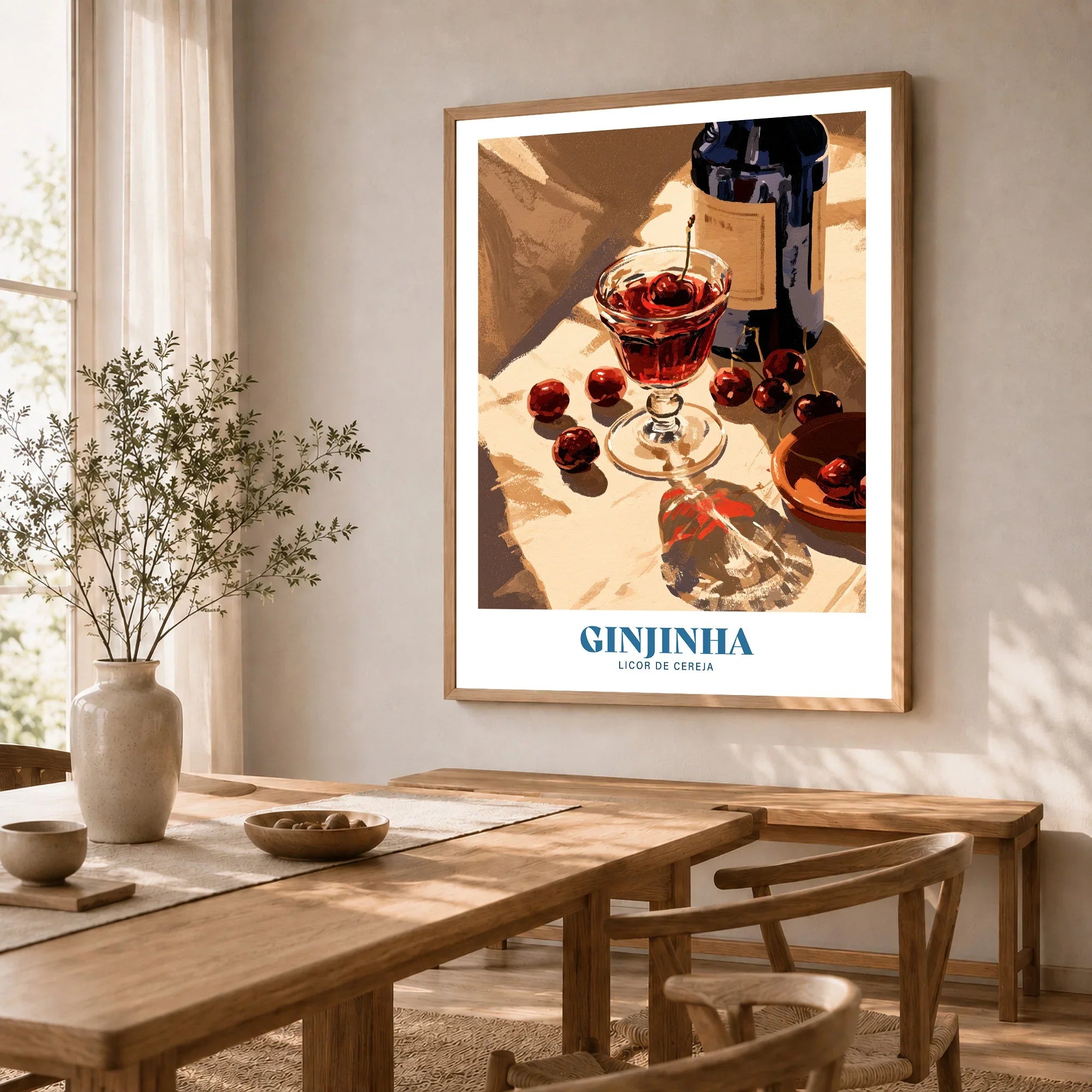 Portuguese Ginjinha Liqueur Poster - dining room framed print natural wood frame mockup ThisArtWorld