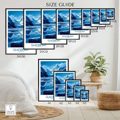 Size guide for Glacier Bay Alaska National Park Poster, showcasing various frame sizes and artistic design.