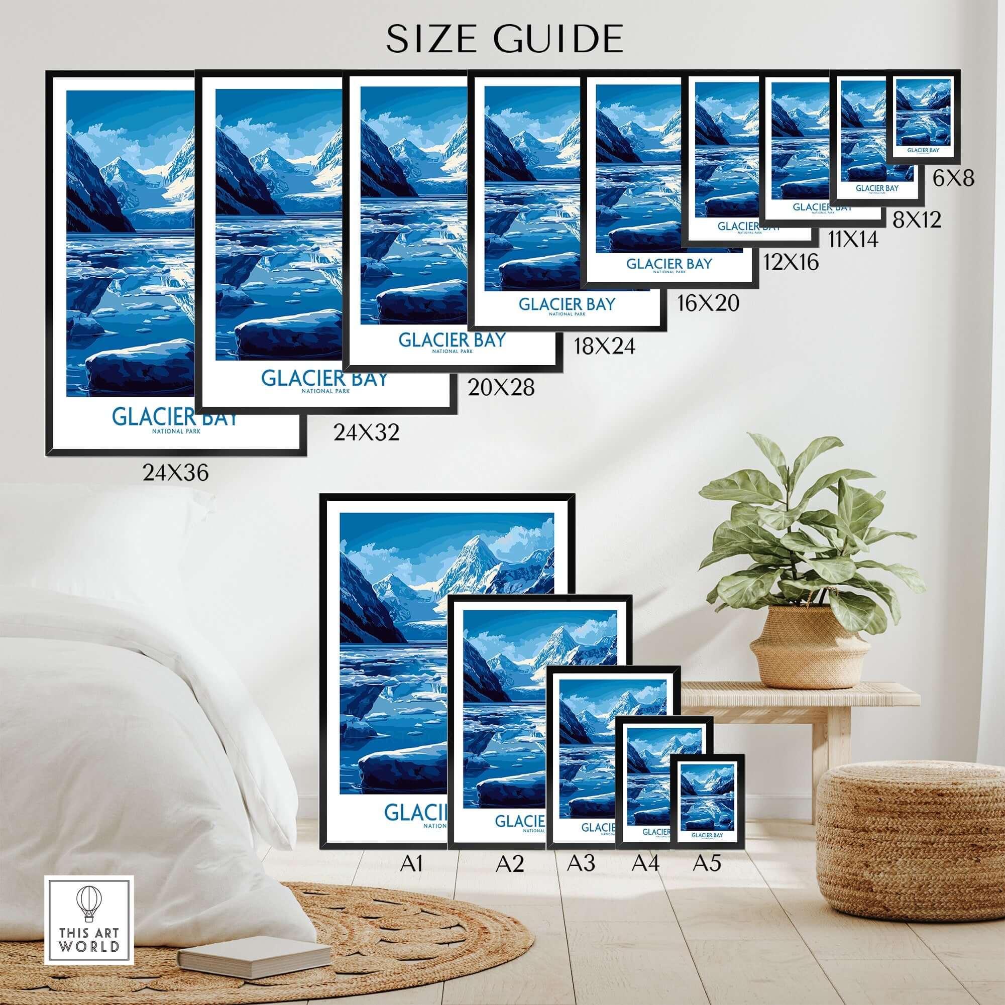 Size guide for Glacier Bay Alaska National Park Poster, showcasing various frame sizes and artistic design.