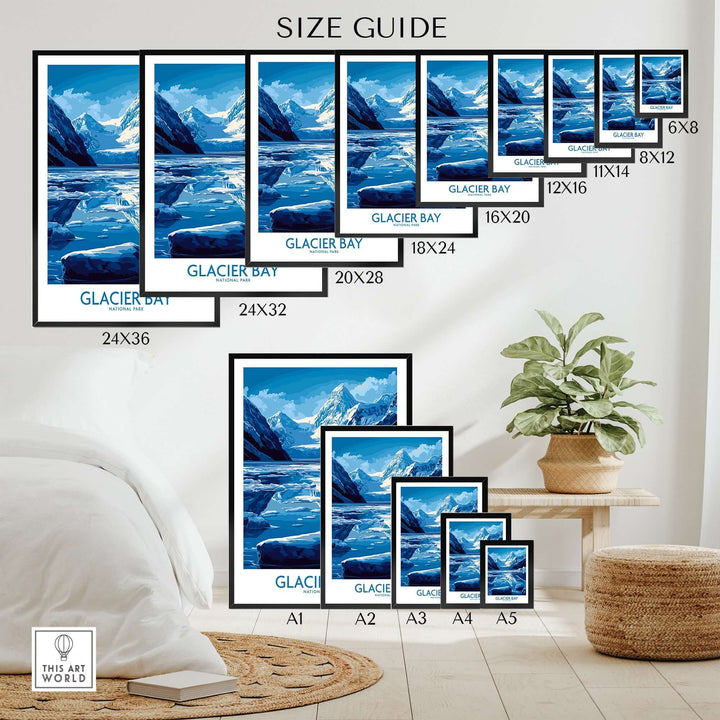 Glacier Bay Alaska National Park poster size guide showcasing various dimensions and designs in a stylish interior setting.