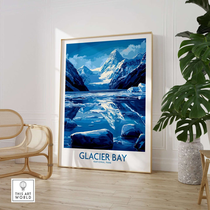 Glacier Bay National Park poster showcasing towering mountains and icy waters, perfect for nature and adventure enthusiasts.