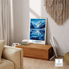 Glacier Bay Alaska National Park Poster displayed in a cozy living room, showcasing stunning glaciers and mountains.