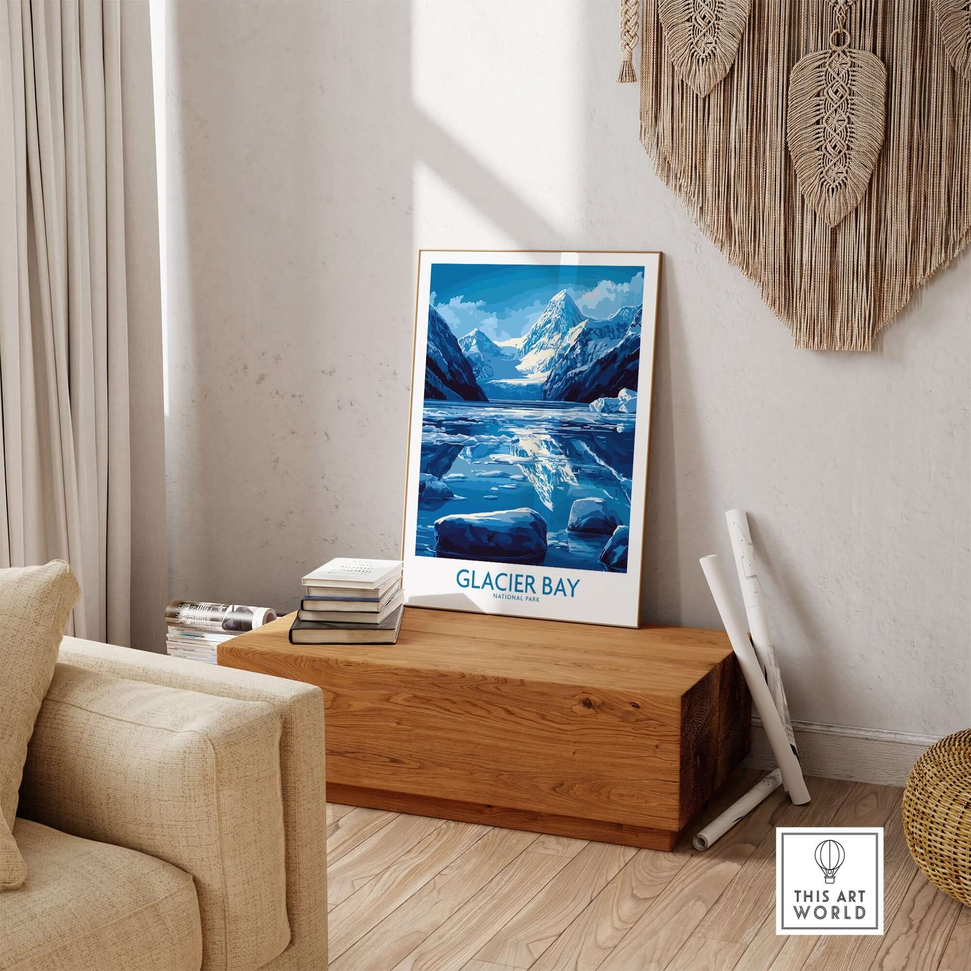 Glacier Bay Alaska National Park Poster displayed in a cozy living room, showcasing stunning glaciers and mountains.