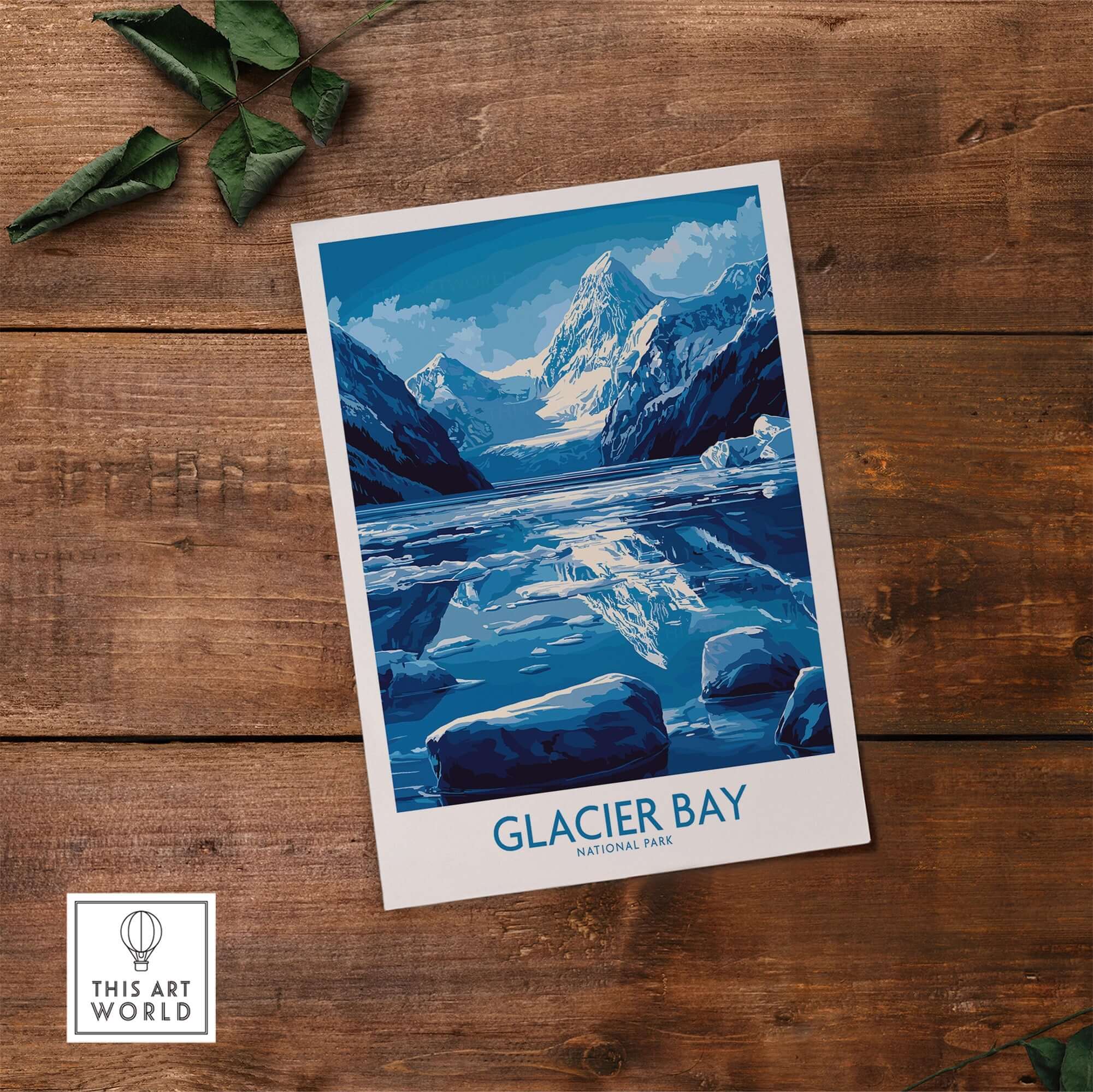 Glacier Bay Alaska National Park Poster showcasing breathtaking glaciers and mountains in a serene wilderness setting.