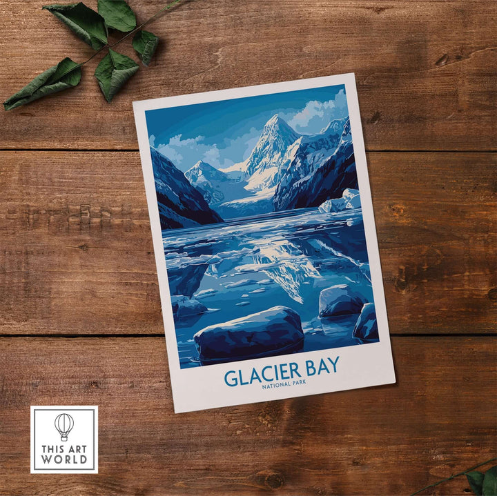 Glacier Bay Alaska National Park poster featuring icy landscapes and majestic mountains, perfect for nature lovers.