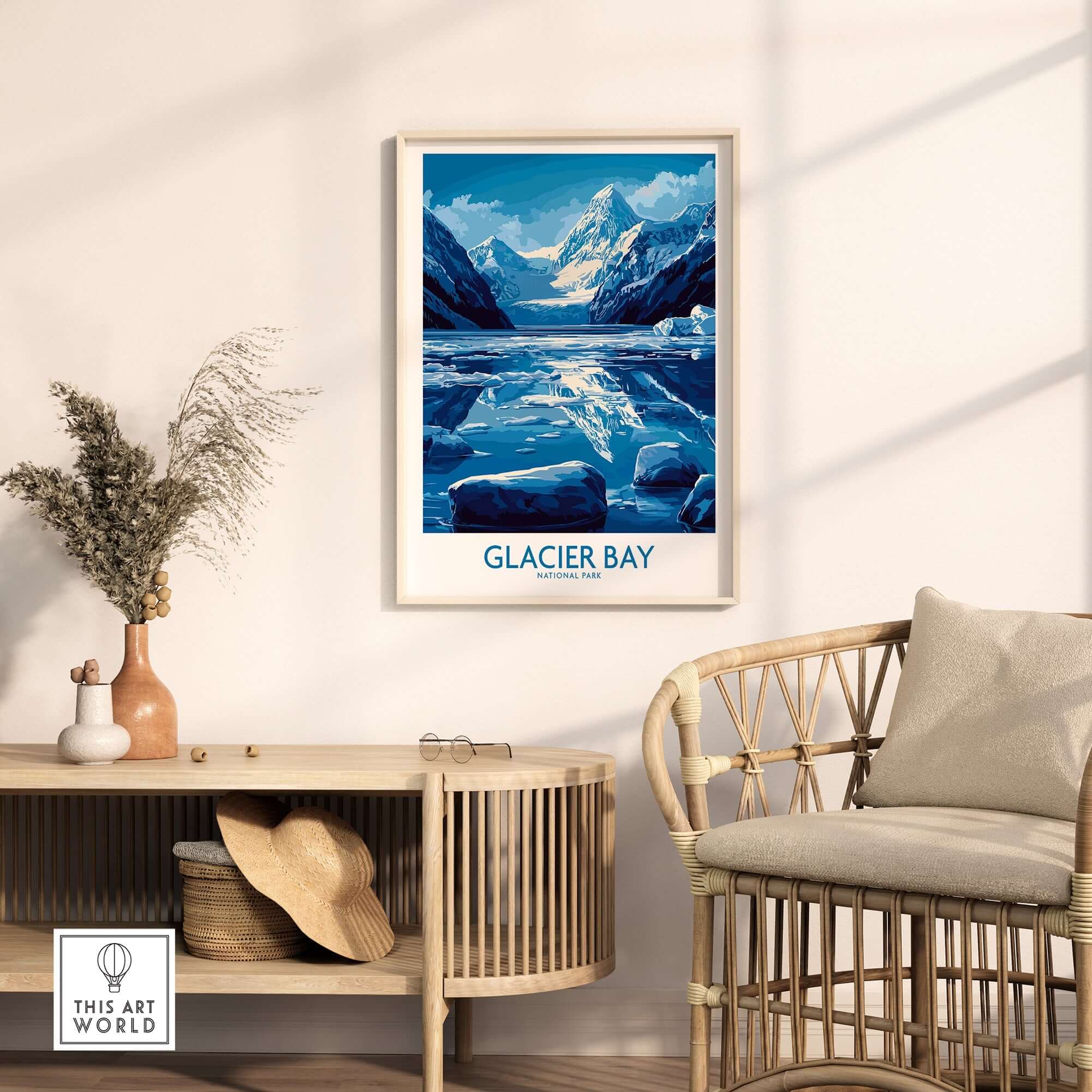 Glacier Bay Alaska National Park Poster showcasing stunning glacial landscape in a modern living room setting.