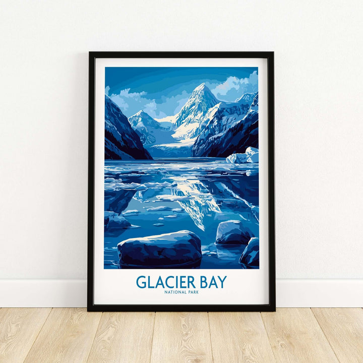 Glacier Bay National Park poster featuring blue icy landscapes and majestic mountains in a framed artwork setting.