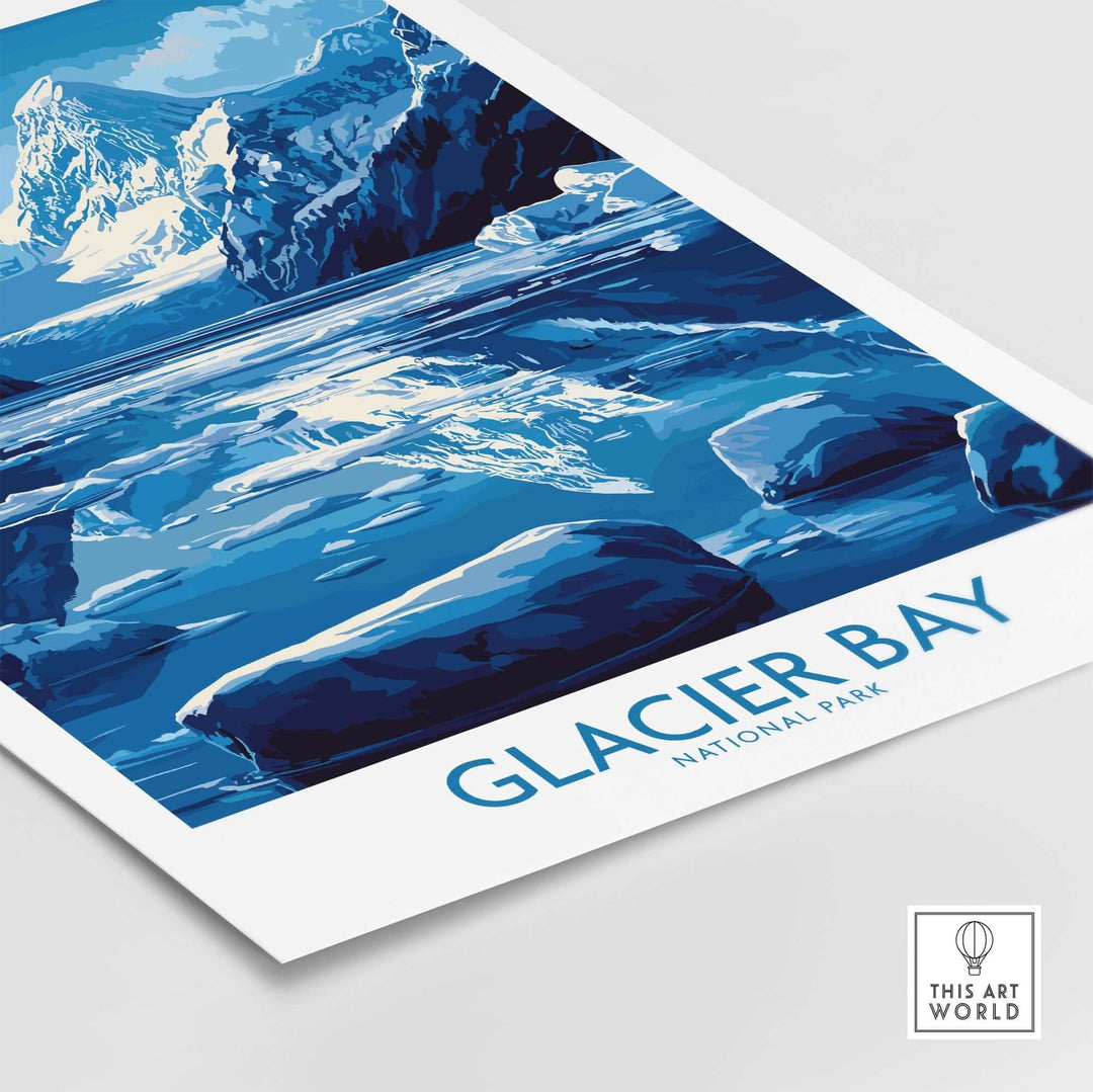 Glacier Bay National Park poster showcasing blue glaciers and serene waters, perfect for nature lovers and adventurers.