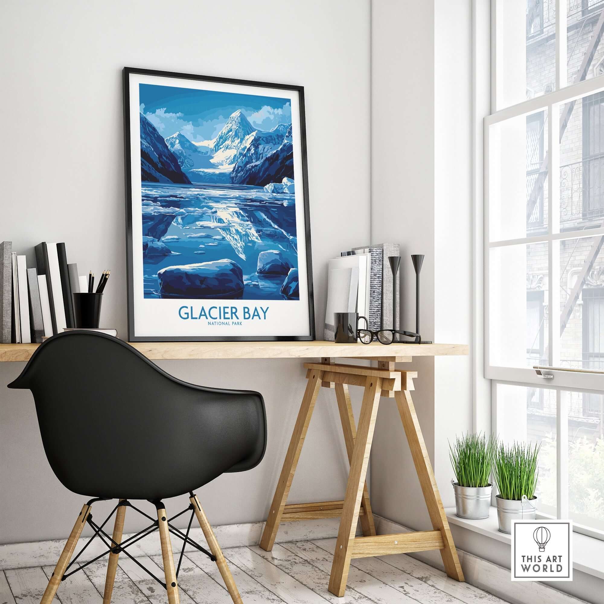Glacier Bay Alaska National Park Poster displayed in a modern workspace, showcasing stunning glacier views.