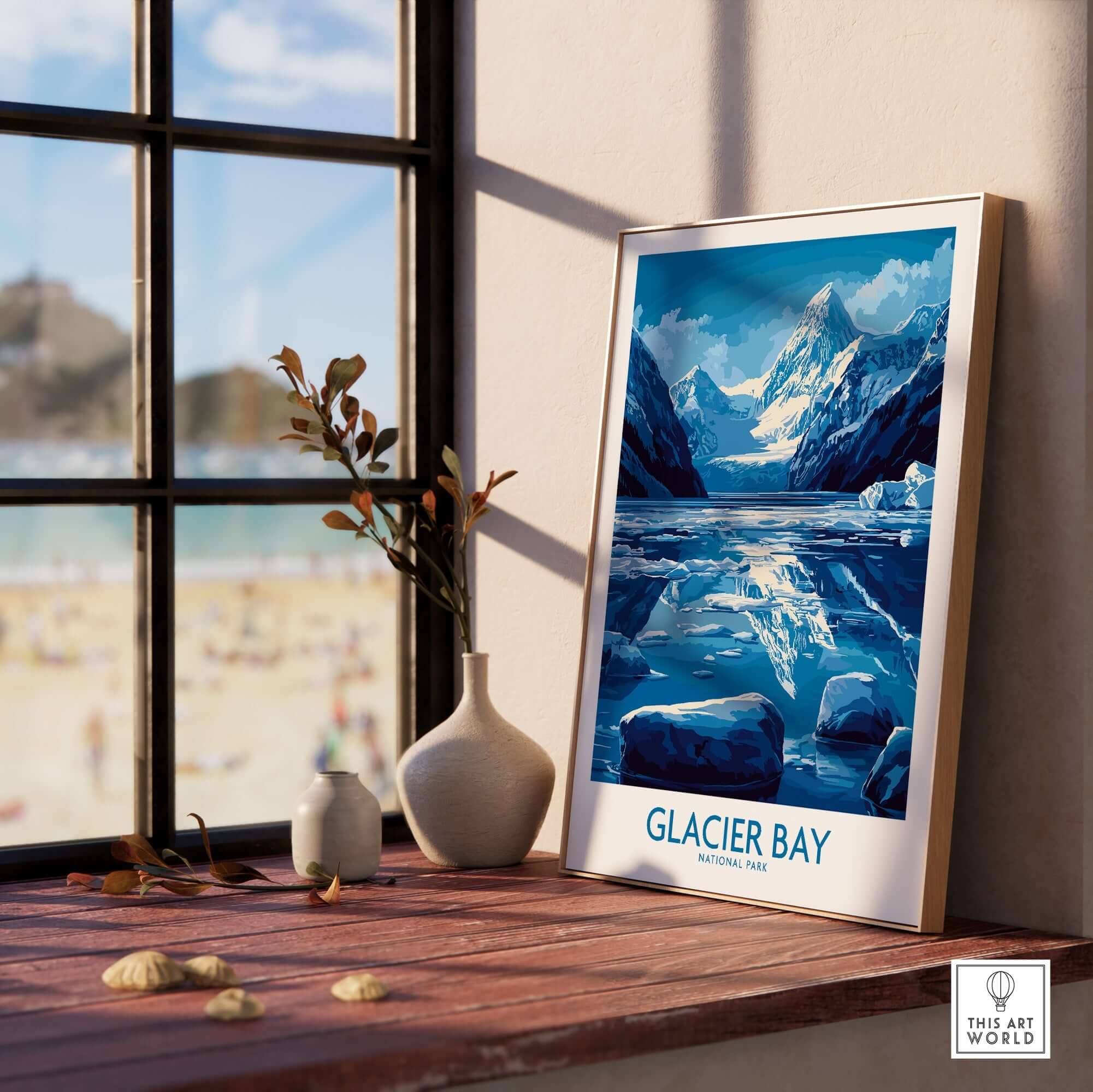 Glacier Bay Alaska National Park Poster displayed on a wooden table beside a vase, showcasing stunning landscapes.