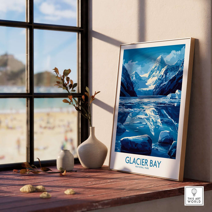 Glacier Bay National Park poster displayed on a windowsill with a view of the beach, showcasing stunning landscapes and nature.