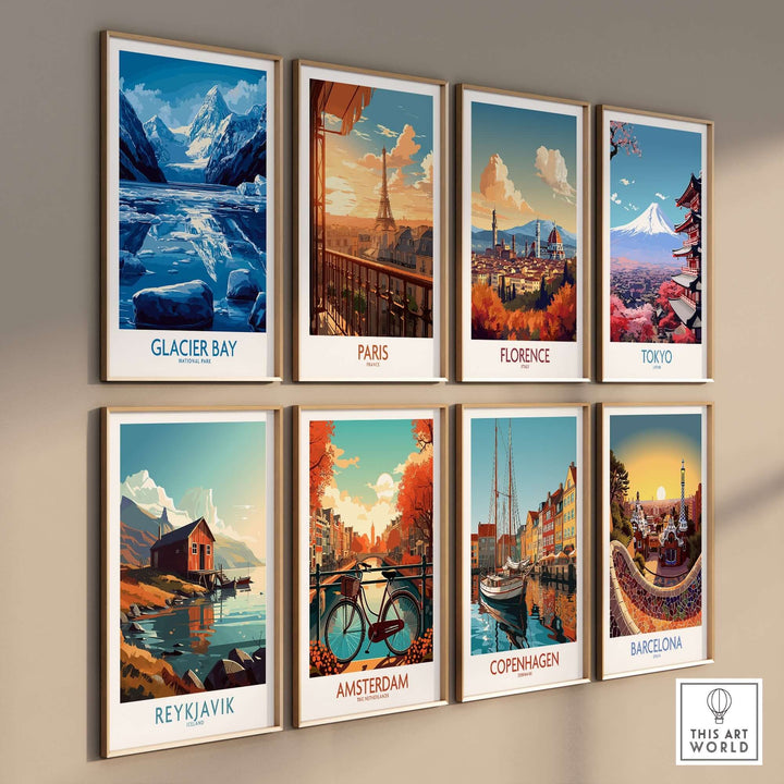 Framed travel posters of Glacier Bay, Paris, Florence, Tokyo, Reykjavik, Amsterdam, Copenhagen, and Barcelona.