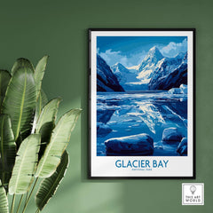 Glacier Bay Alaska National Park Poster showcasing blue glaciers and mountains in a stylish frame.
