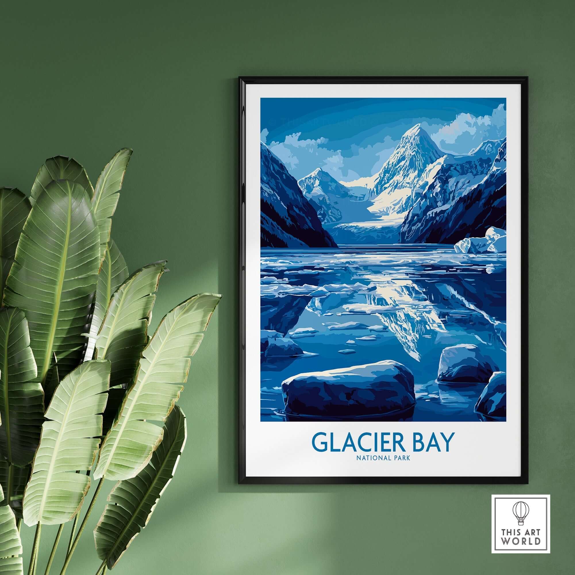 Glacier Bay Alaska National Park Poster showcasing blue glaciers and mountains in a stylish frame.