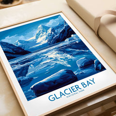 Glacier Bay Alaska National Park Poster featuring stunning mountain and glacier scenery in blue tones.