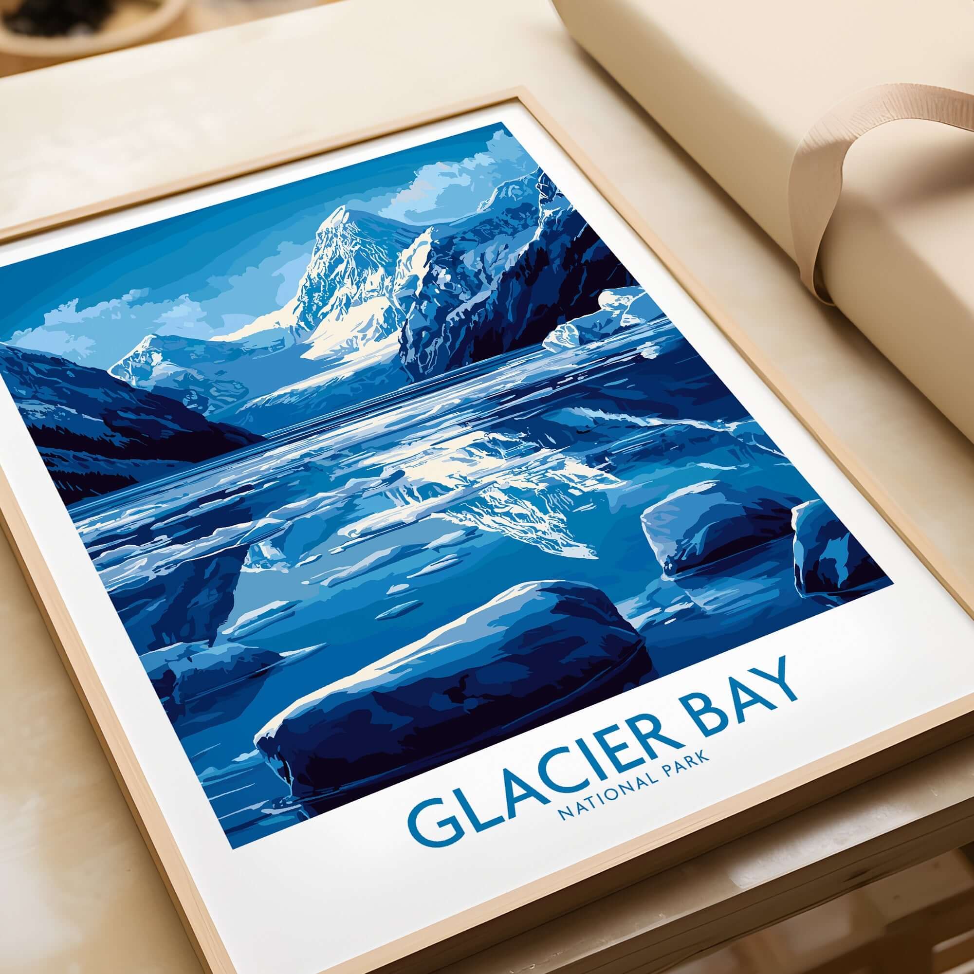 Glacier Bay Alaska National Park Poster featuring stunning mountain and glacier scenery in blue tones.