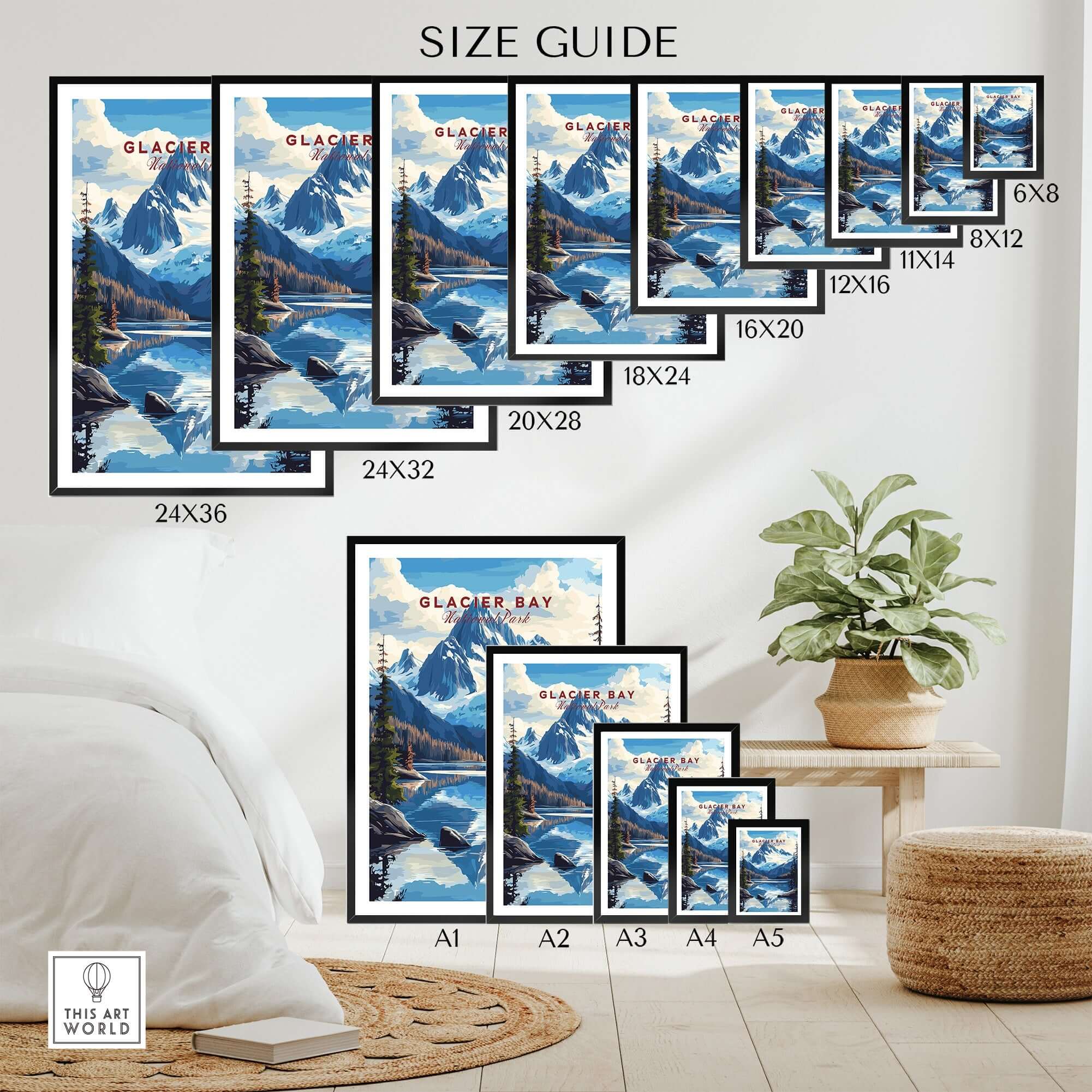 Size guide for Glacier Bay Alaska Wall Art prints displayed in various frame sizes.