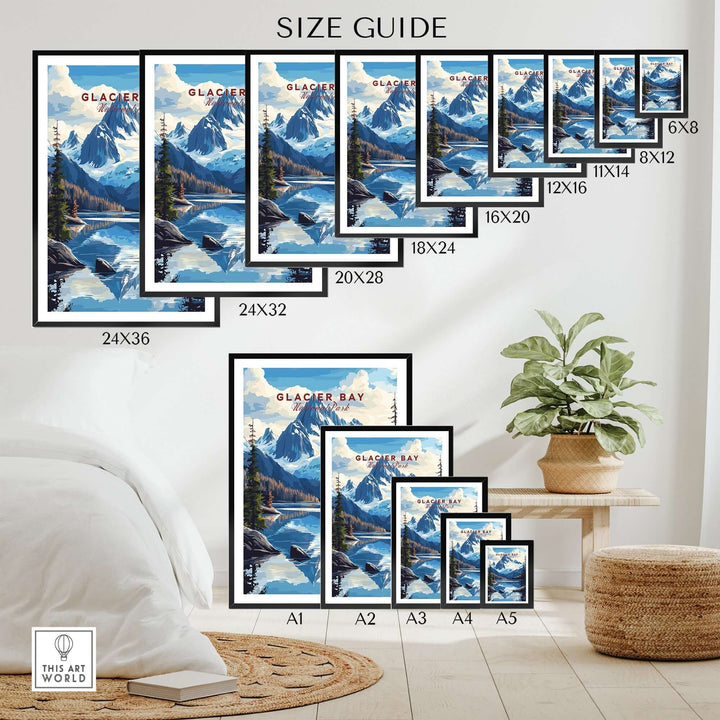 Size guide showcasing various frame sizes for Glacier Bay Alaska wall art in a stylish interior setting.