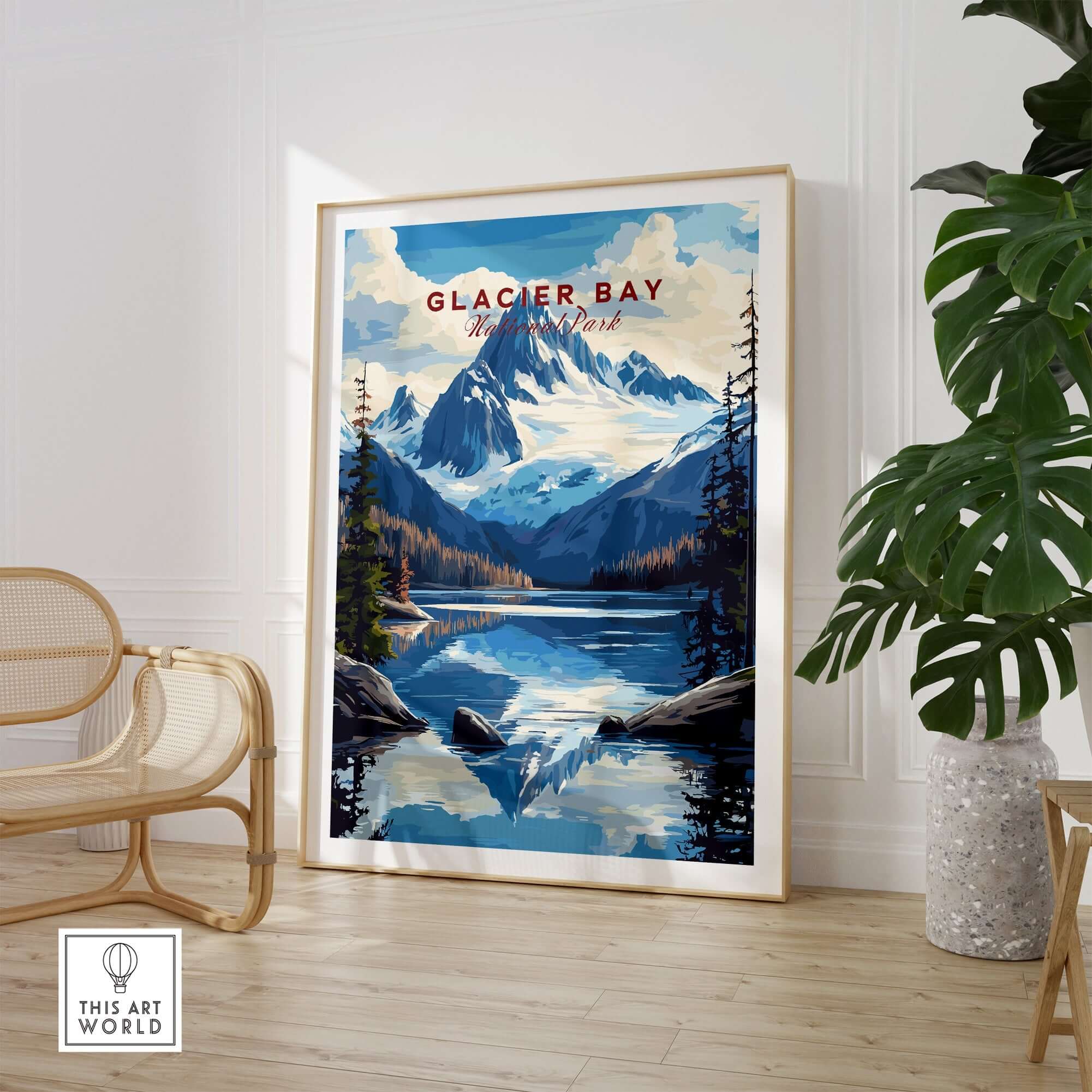 Glacier Bay Alaska Wall Art featuring stunning mountain and lake scenery, perfect for home decor.