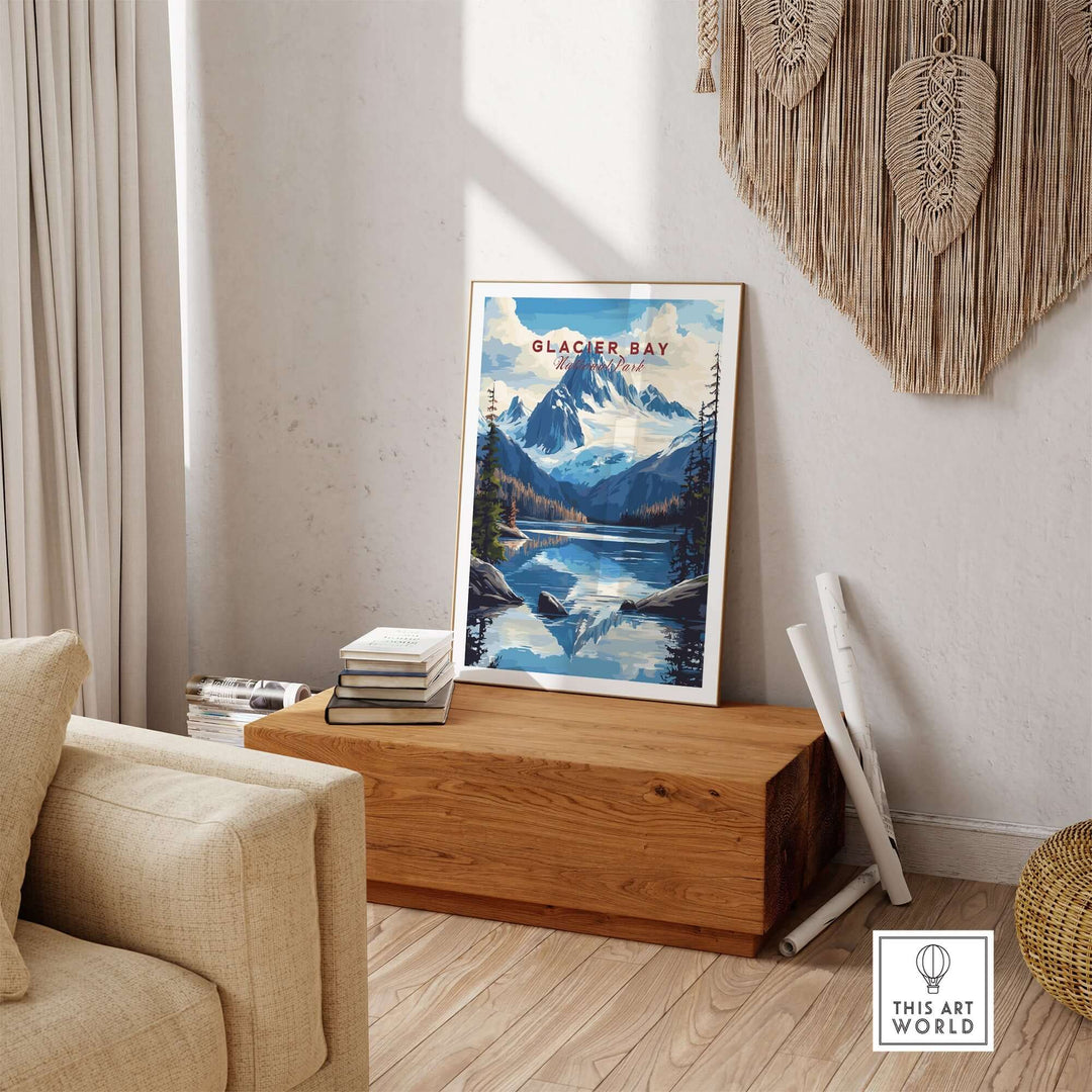 Glacier Bay Alaska wall art print displayed in a cozy living room, showcasing nature's beauty and tranquility.