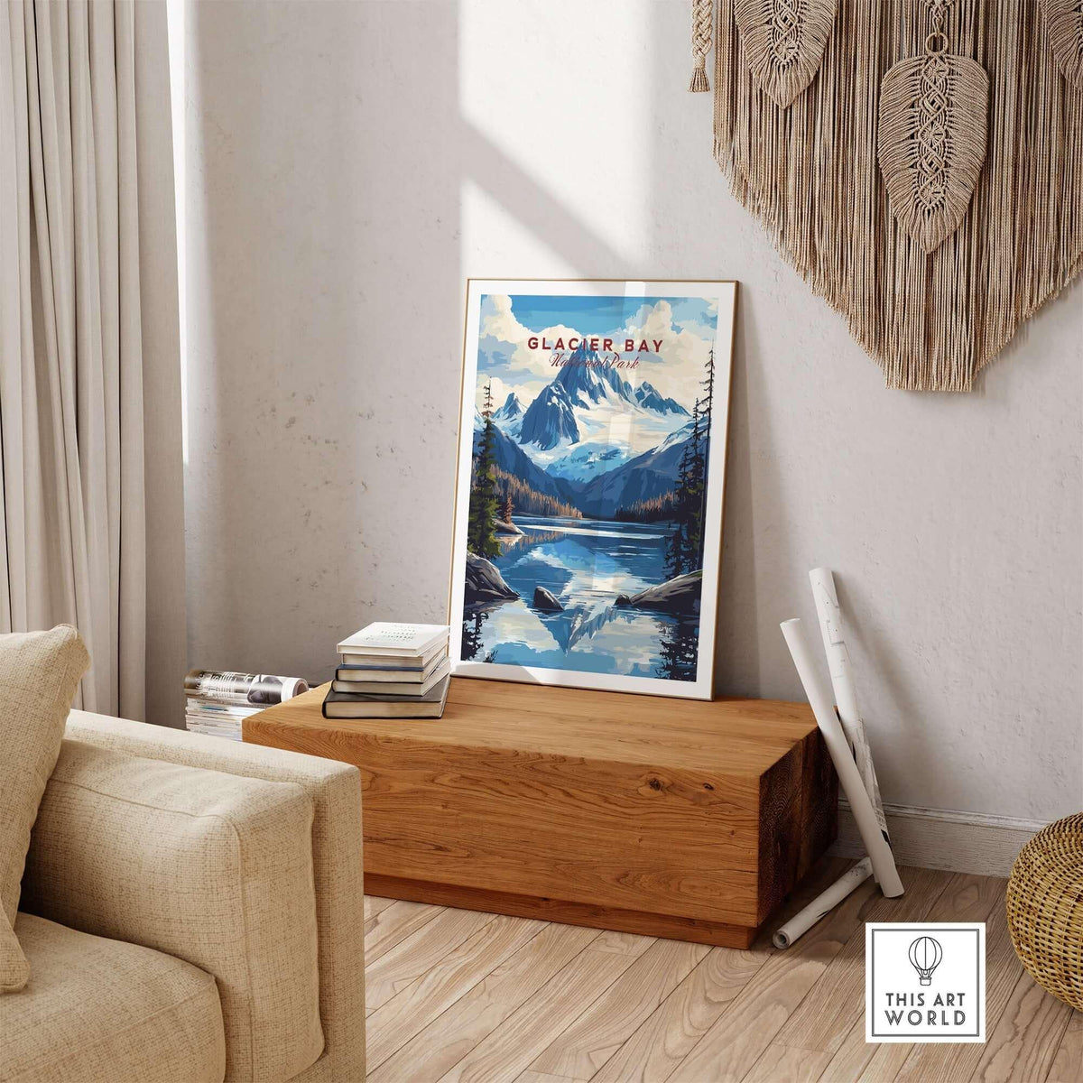 Glacier Bay Alaska Wall Art displayed in a stylish living room setting with mountain and lake scenery.