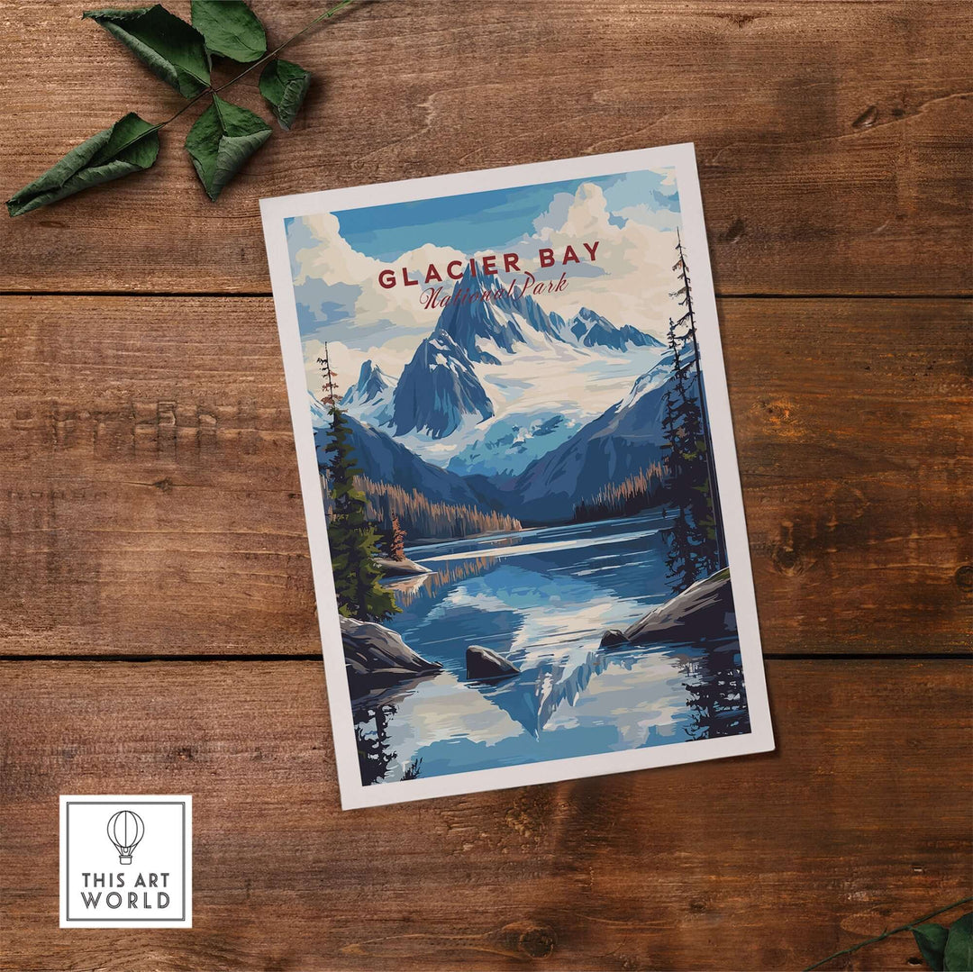 Glacier Bay Alaska Wall Art featuring majestic mountains and a serene lake, perfect for nature lovers and home decor.